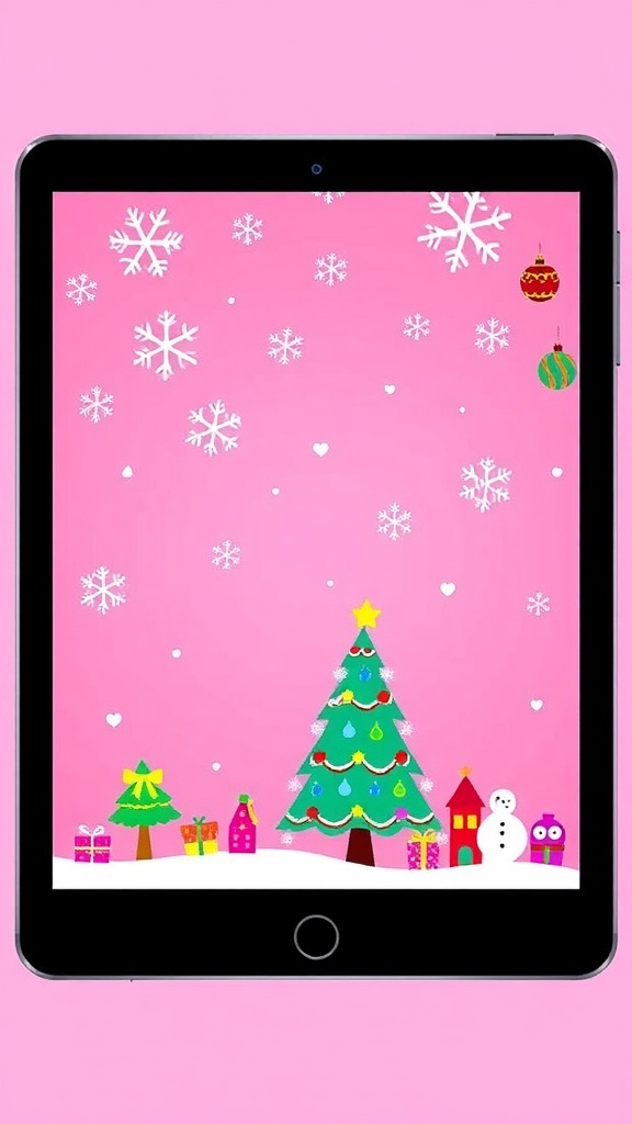 Pink Christmas iPad Wallpaper Design Pink Christmas wallpaper with snowflakes and ornaments designed for iPad.